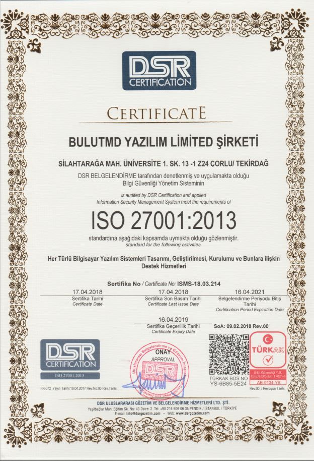 ISO27001 belgemizi aldık.